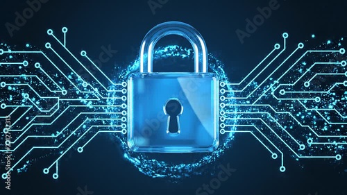 Digital Security Lock: A gleaming digital padlock, symbolizing data security and protection, is set against a backdrop of intricate circuitry and glowing data streams.