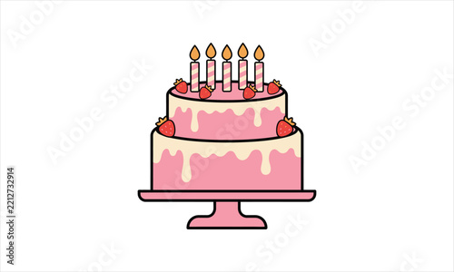 Birthday cake with lit candles and strawberries on a stand for