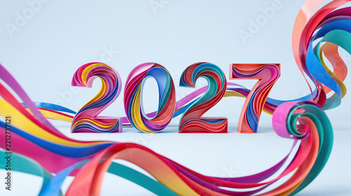 A sculptural '2027' is rendered in layered bands of colour, framed by wide ribbons and lit with soft studio lighting against a light pastel blue background.