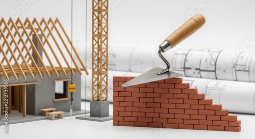 Construction trowel on brick wall with house model and blueprints on white background for architectural planning