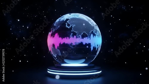 Glowing Neon Earth Globe on Futuristic Pedestal with Sound Wave Ring in a Dark Starry Space Scene