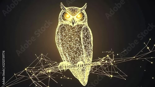 Glowing Owl Perched on Branch, Night, Digital Art, Mystical Background