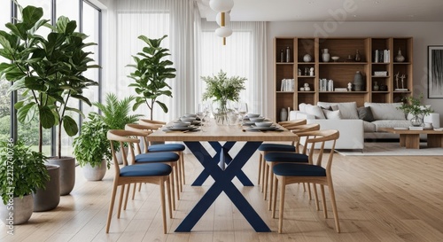 Modern Dining Room with Wooden Table and Blue Chairs in Bright Contemporary Home Interior Design