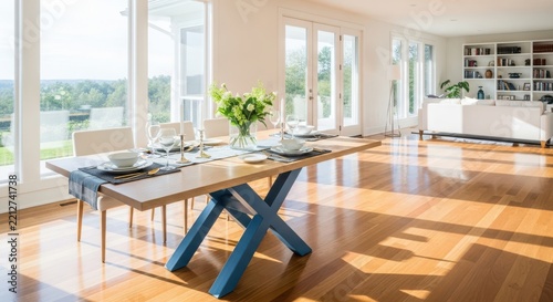 Modern Dining Room with Wooden Table and Blue X-Frame Legs in Sunlit Open Concept Home Interior