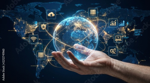 Human hand cradles glowing blue digital globe embedded with technological icons symbolizing worldwide telecommunications and digital transformation.