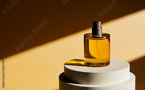 Elegant amber perfume bottle filled with liquid placed on round pedestal against golden background with diagonal shadows