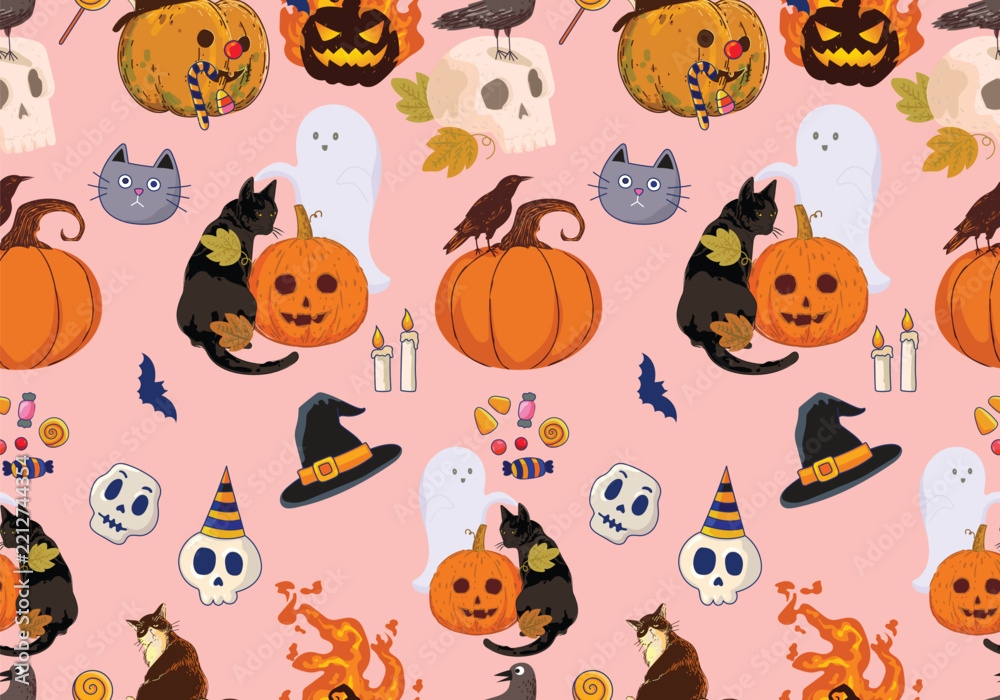 Obraz premium Halloween seamless pattern with pumpkins, black cats, ghosts, bats, witches' hats, ravens, skulls, spider webs, candy, and autumn elements background. Design for wrapping paper, fabric, textiles.