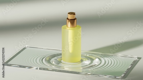 Cylindrical bottle with golden pump dispenser containing yellow liquid placed on patterned glass surface symbolizing skincare cosmetic product photography elegance.