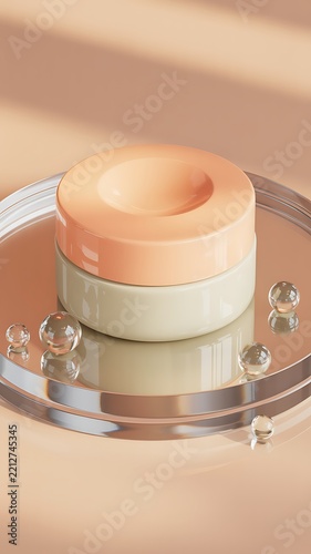 Small cosmetic container with peach lid and cream base surrounded by crystal spheres on reflective surface symbolizing beauty skincare product elegance.