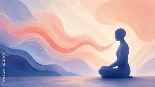 Illustrated breath wave over calm figure