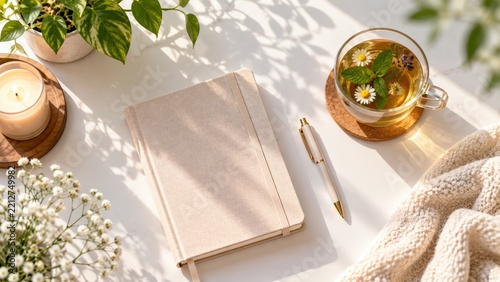 A cozy flat lay featuring a closed notebook, pen, herbal tea with chamomile, a lit candle, and plants, bathed in warm natural light.