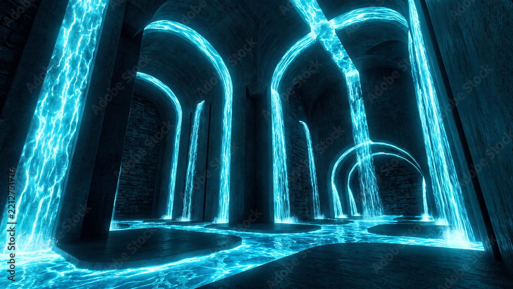 Fototapeta premium Glowing blue water flows through dark stone arches in a futuristic underground tunnel with illuminated cascades