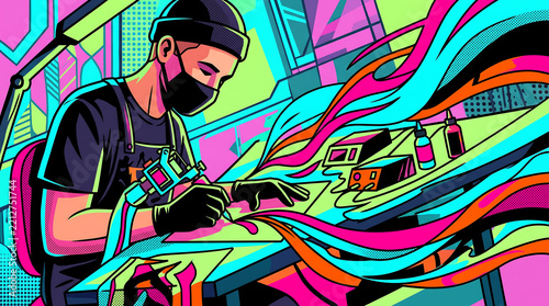 Vibrant Cyberpunk Tattoo Artist in Studio Creating Masterpiece with Suspended Flowing Colorful Neon Energy Waves