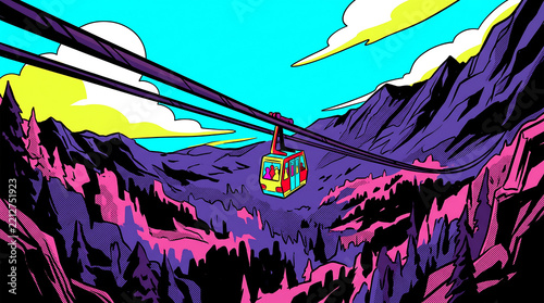Stylized vibrant illustration of a gondola cable car gliding high above a colorful neon mountain forest landscape in suspended motion