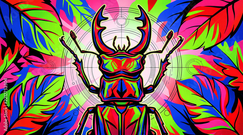 Vibrant psychedelic stag beetle illustration with neon tropical leaves and colorful geometric patterns in a surreal digital art style