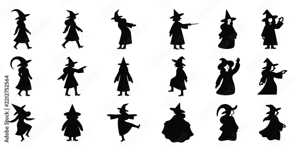 Fototapeta premium Collection of various witch silhouettes in different poses for halloween themed design projects and graphics