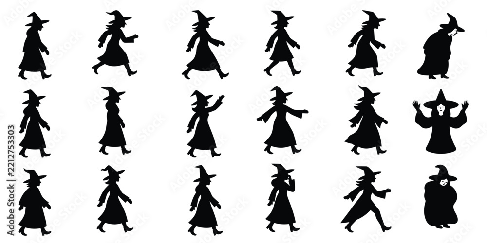Fototapeta premium Collection of black witch silhouettes in various poses isolated on a white background