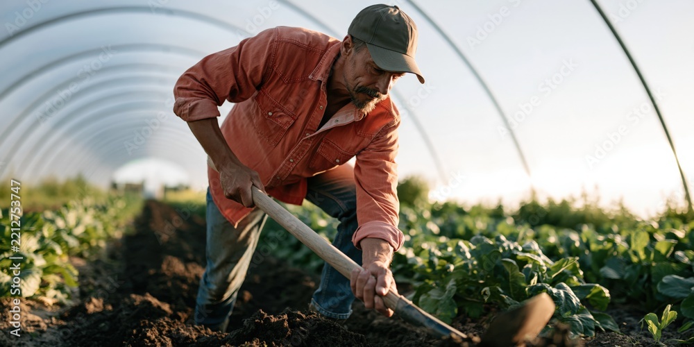 Fototapeta premium Gardener kneeling in a hoop house greenhouse using a hoe to cultivate soil for leafy crops for farm poster and banner design