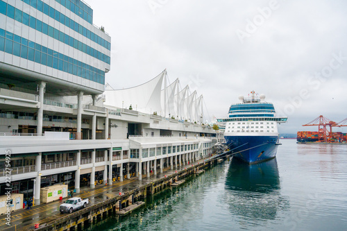 VANCOUVER, CANADA – AUGUST 22, 2025: Holland America Line cruise ship Noordam docked at Canada Place terminal in Vancouver.