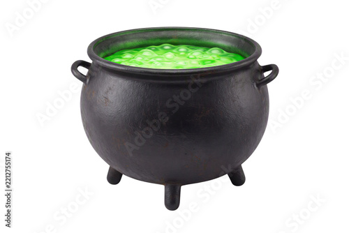 Black witch cauldron isolated PNG, cast iron pot boiling green magic potion with bubbles on transparent background, halloween props