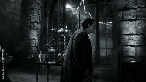 Frankensteins monster leans toward an electrical apparatus in a Gothic laboratory as lightning flashes outside. Halloween horror. Classic monster concept. Vintage horror aesthetic.
