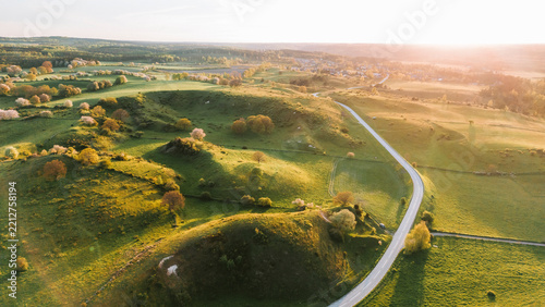 Aerial of Hills of Brosarp Österlen Verkeån nature reserve during sunset Sweden