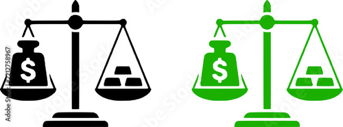 Financial balance scale vector icons in black and green color variations comparing money bag with dollar sign and gold bars for wealth management and monetary policy themes
