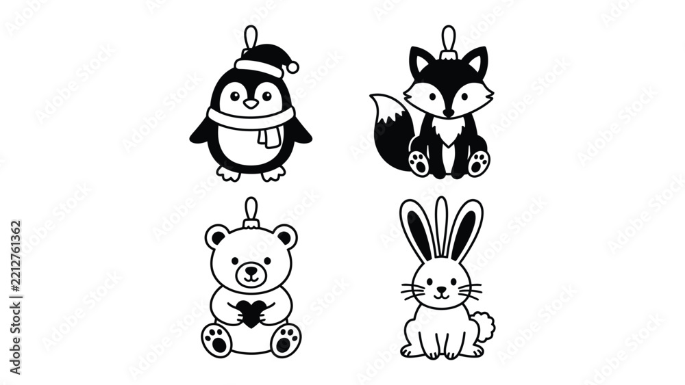 Obraz premium Christmas Ornament Set: A delightful collection of four festive Christmas ornaments featuring a penguin in a Santa hat, a fox, a bear holding a heart, and a bunny.