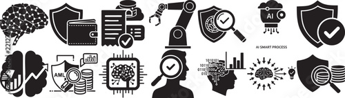 Artificial intelligence icons set featuring brains robots and data security silhouettes