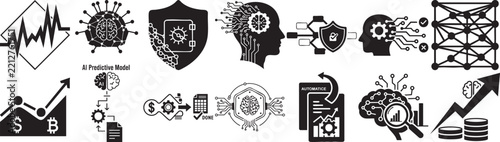 Artificial Intelligence Icons Depicting Neural Networks And Data Analysis
