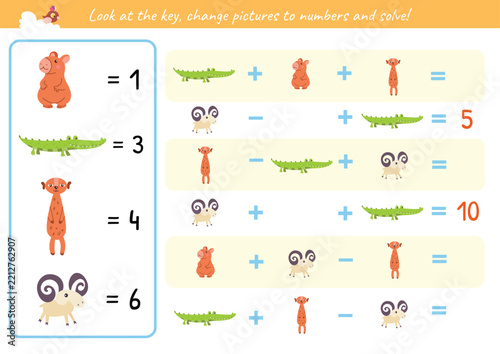 Educational math worksheet for children. Look at the key, replace cute animal pictures with numbers, and solve addition and subtraction equations. Vector illustration.
