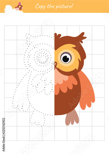 Copy the picture educational game worksheet for kids complete symmetrical owl character drawing by grid.