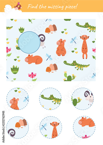 Find the missing piece educational game worksheet for kids matching puzzle page with cute wild animals pattern.