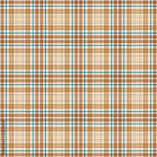 Classic tartan checkered vector backdrop featuring warm brown, beige, and soft blue overlapping lines. 