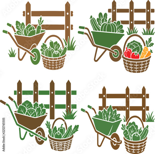 Harvest vegetable collection with wheelbarrows and baskets in flat