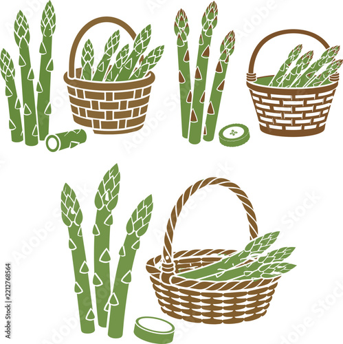 Fresh green asparagus stalks and woven baskets in flat vector