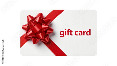 White gift card with red ribbon and bow, isolated on transparent background