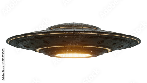 Dark metallic flying saucer with glowing yellow lights, isolated on transparent background