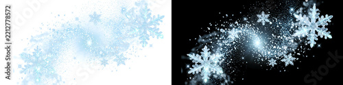 Abstract Glowing Blue Snowflakes and Ice Swirl on Split White and Black Background