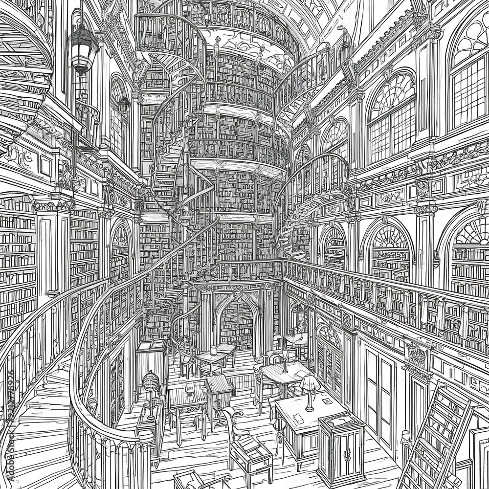 Fototapeta premium Detailed Grand Library Interior Coloring Page Illustration