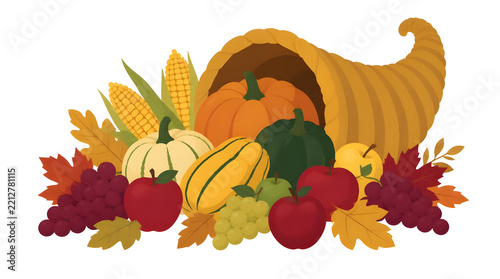 Autumn harvest cornucopia overflowing squash pumpkins apples grapes leaves indoor outdoor setting