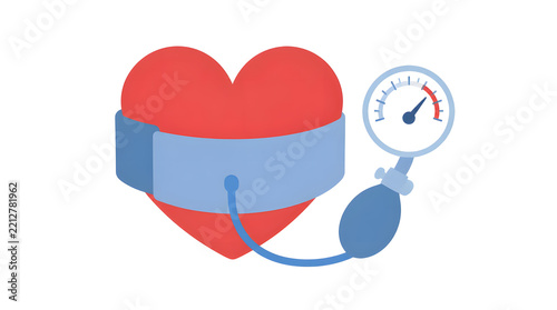 Monitoring heart s blood pressure level using a cuff on heart shape analog gauge indoor setting flat vector of blood pressure monitor cuff