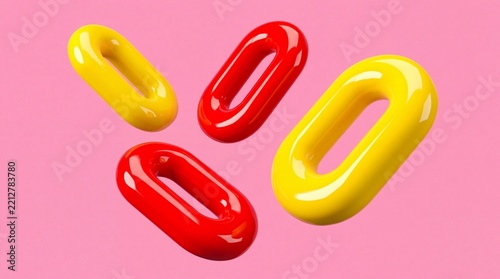 Floating red and yellow 3d glossy chain links on pink background for creative abstract composition.