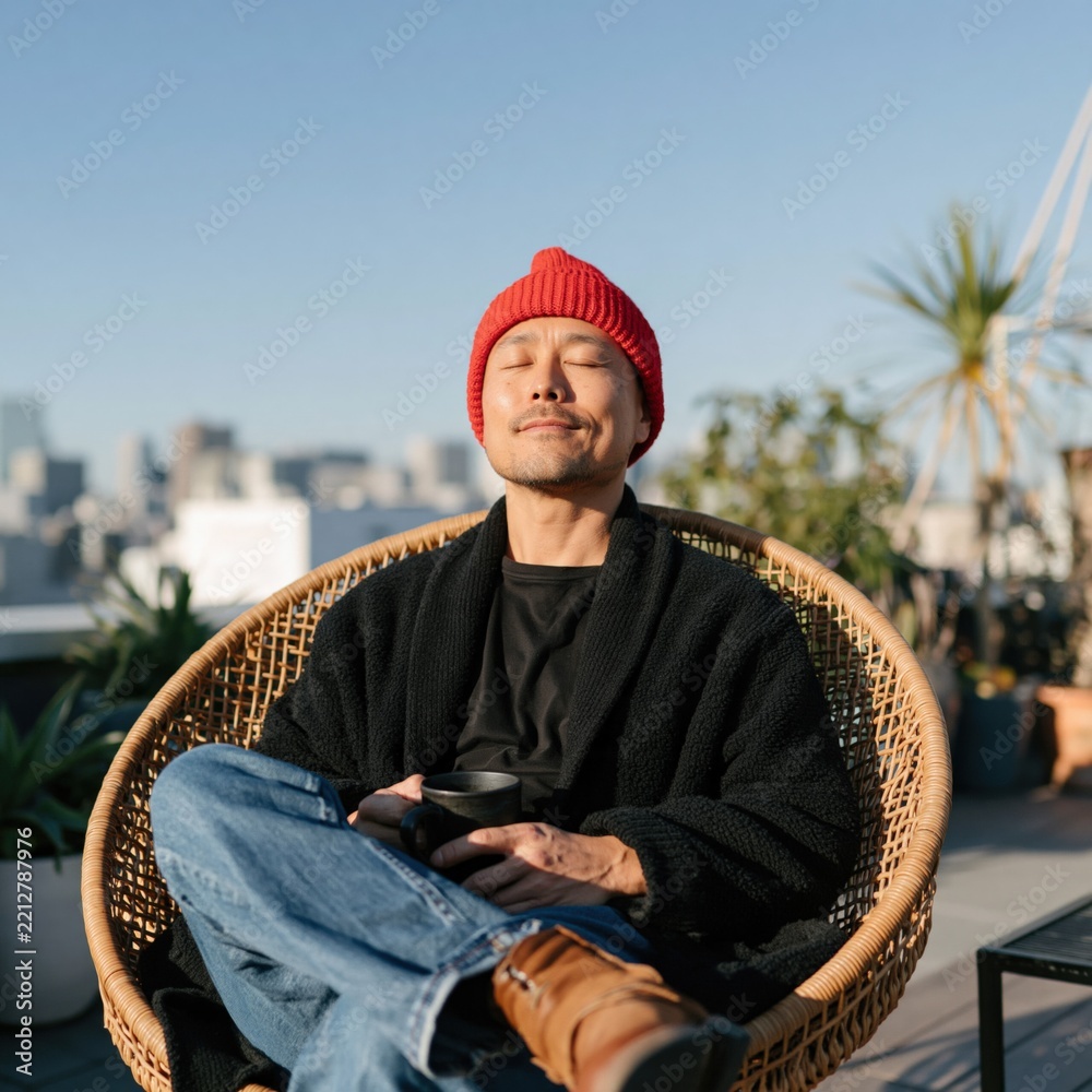 Fototapeta premium Outdoor terrace portrait of a red beanie man enjoying morning coffee in a wicker chair for relaxation background and lifestyle banner