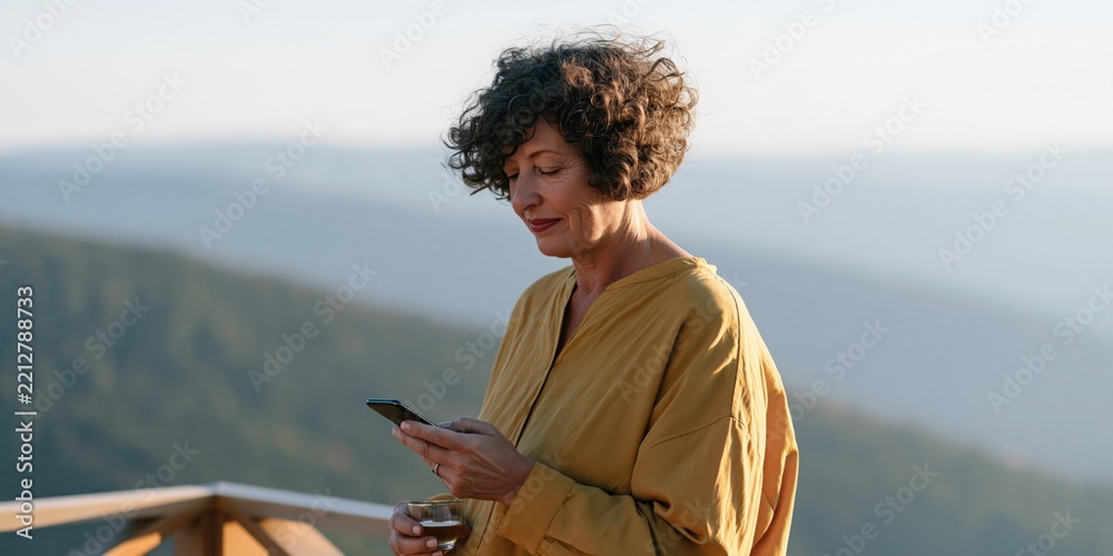 Fototapeta premium Middle aged woman on mountain terrace checking phone with tea cup for wellness background and social media banner design