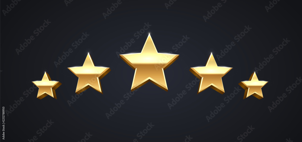 Fototapeta premium 5 gold stars rating. Premium 3D golden metallic stars in an arc shape on dark background. Customer review quality concept vector illustration.