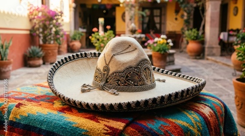 Ornate Mexican charro sombrero on colorful serape blanket in colonial courtyard. Traditional embroidered hat with potted flowers and fountain behind. Mexican culture and heritage.