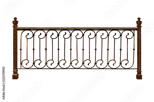Wrought iron fence with wooden elements.. C.