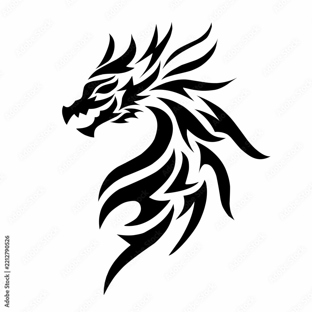 Fototapeta premium Black tribal dragon head silhouette illustration isolated on white background