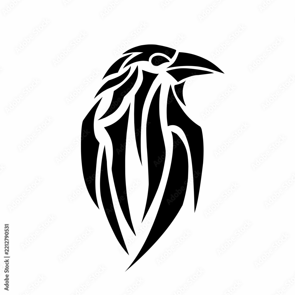 Fototapeta premium Minimalist black tribal crow silhouette isolated on a white background for graphic design